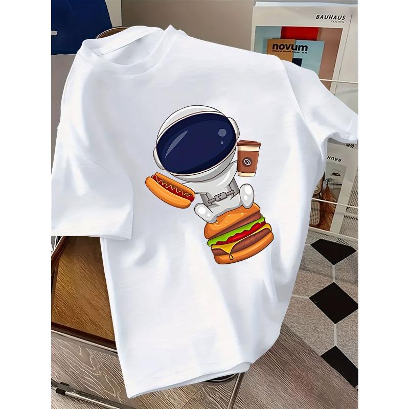 Kids Crewneck Short Sleeve T-Shirt, Cartoon Astronaut Fun Print 110 белый