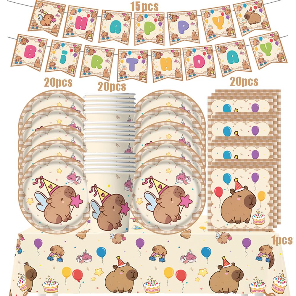 Capybara Disposable Tableware Set  Birthday Party Capybara Tablecloth Cups Plates Napkin Banner Cake Topper Kids Party Supplies