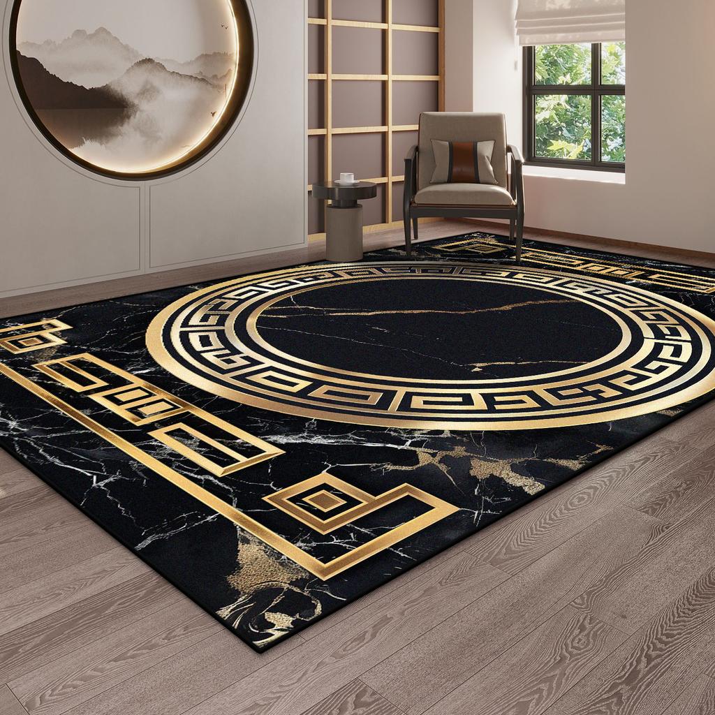 Luxury Black Gaming Room Decoration Carpet Marble Style Golden Border Living Room Rug Soft Non-slip Mat for Kids Easy Cleaning