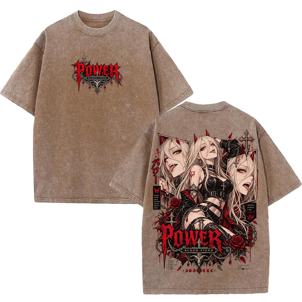 T-shirt Manga Chainsaw Man Puissance Gothique Y2k Vintage Lavé T-shirt Hommes Femmes Vêtements Mode Surdimensionné 100% Coton T-shirts Hauts