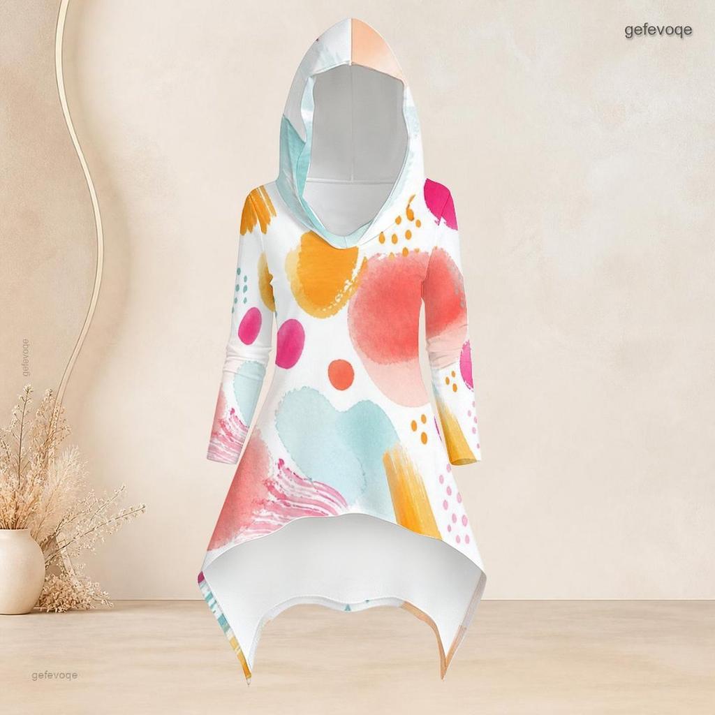 Women Plus Size Multicolor Printed Hooded Long Sleeve High Low Top Fitted Pants Two Piece Set