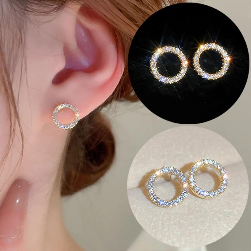 Korean Fashion Versatile Dazzling Circle Stud Earrings with Crystal Cubic Zirconia Minimalist Earrings for Teens Women's Zircon