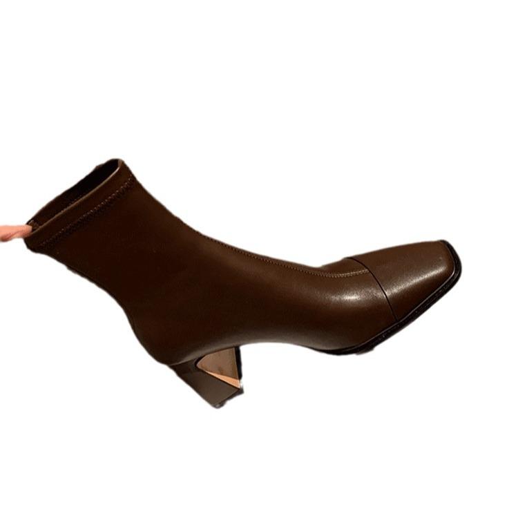Square Head Splicing Thick Heel And Ankle Boots Temperament High Heel Elastic Short Boots Women'S Versatile Comfortable Soft Skin Thin Boots
