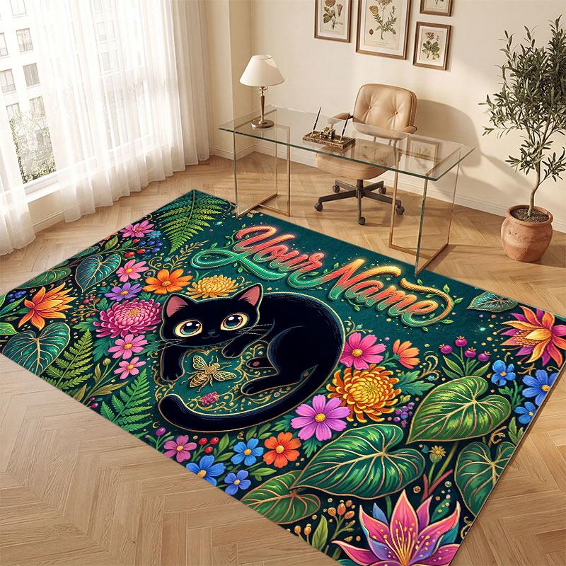 Cat Theme Crystal Velvet Floor Rug Personalized Custom Name Text Warm Carpet Home Decoration