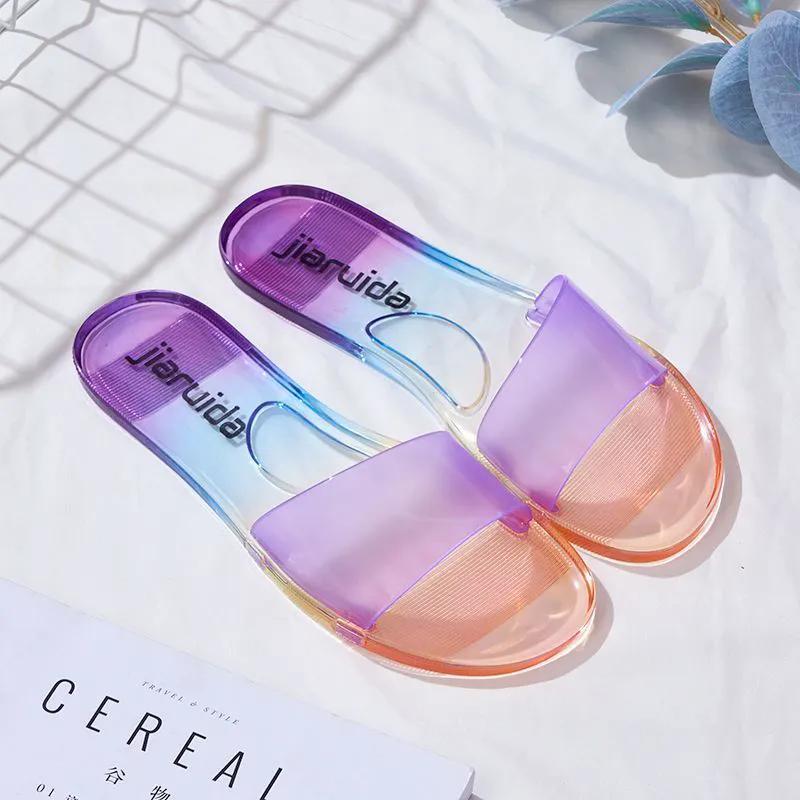 WTEMPO Trendy Jelly Outdoor Indoor Home Soft Slippers Women's Spring Summer Transparent Open Toe Flat Heel Beach Sandals