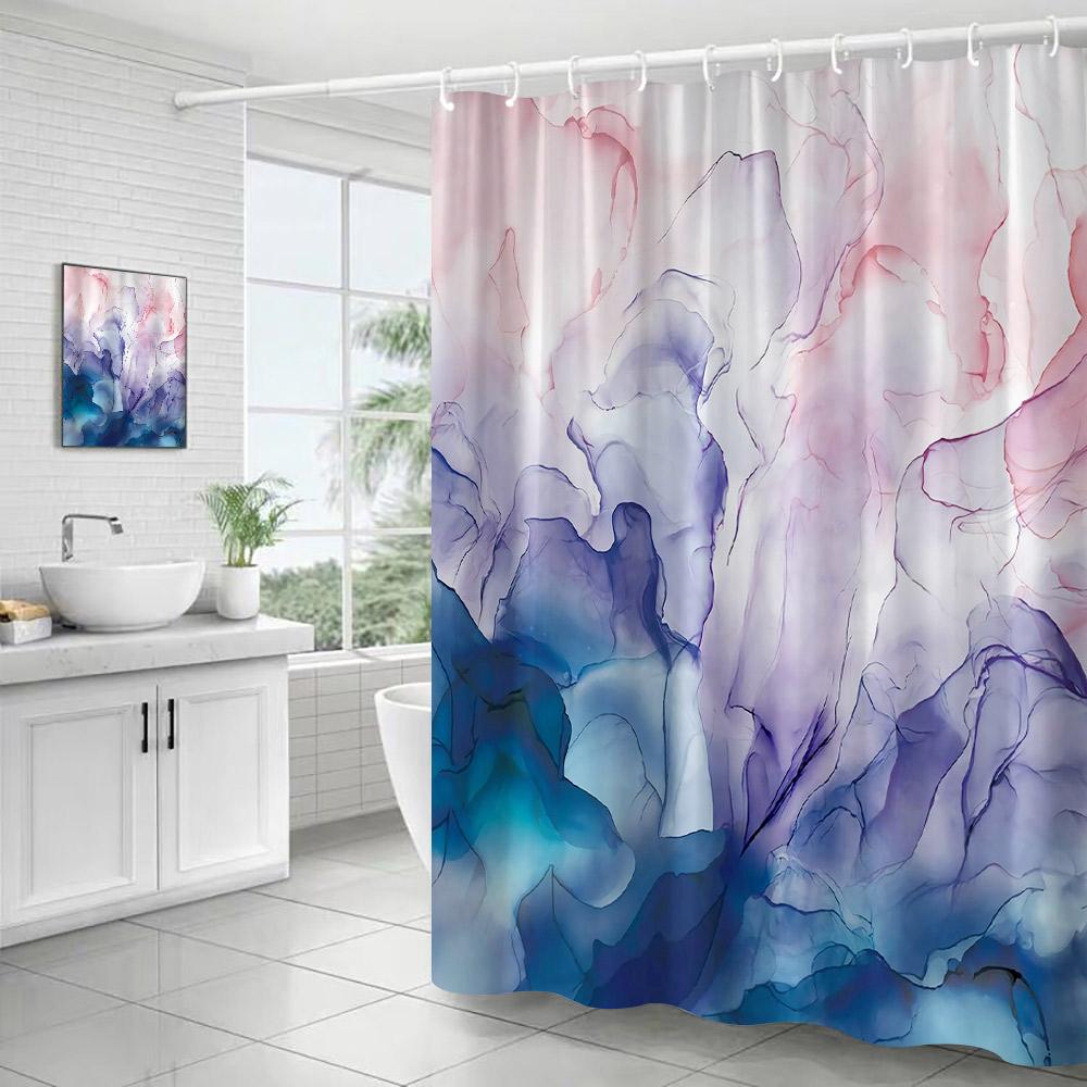 Abstract Blue Marble Shower Curtains Ink Art Textured Pattern Modern Polyester Fabric Home Bathroom Curtain Decor Set With Hooks