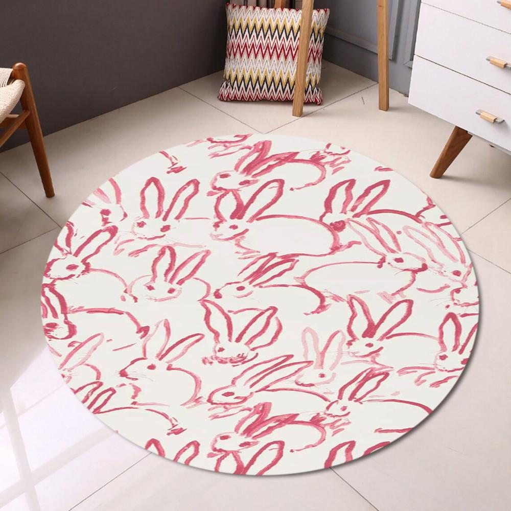 

Cute Rabbit Round Rug Cartoon Bunny Flower Pattern Modern Home Decor Carpet Soft Non-Slip Floor Mat for Living Room Bedroom 100cm