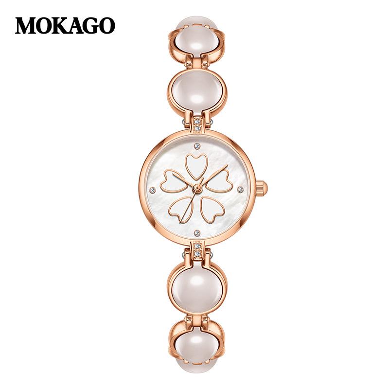 Moka Diamond Luminous Quartz Watch with Four-Leaf Clover Design, 30M Waterproof, Copper Band.