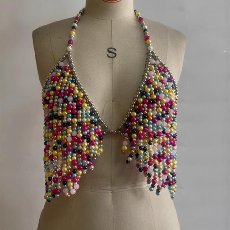 Stylish Handmade Beads Body Chain Bra Top For Women’s Beachwear Party Outfits With Adjustable Necklace Friendly Bra Tops