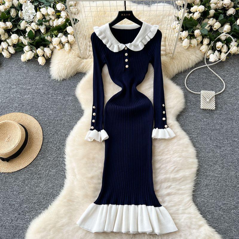 

French Retro Contrast-Color Doll Collar Waist Trimming Knitted Dress Female Elastic Slim Fit Slimming Elegant Ruffled Long Dress Dark blue All yards