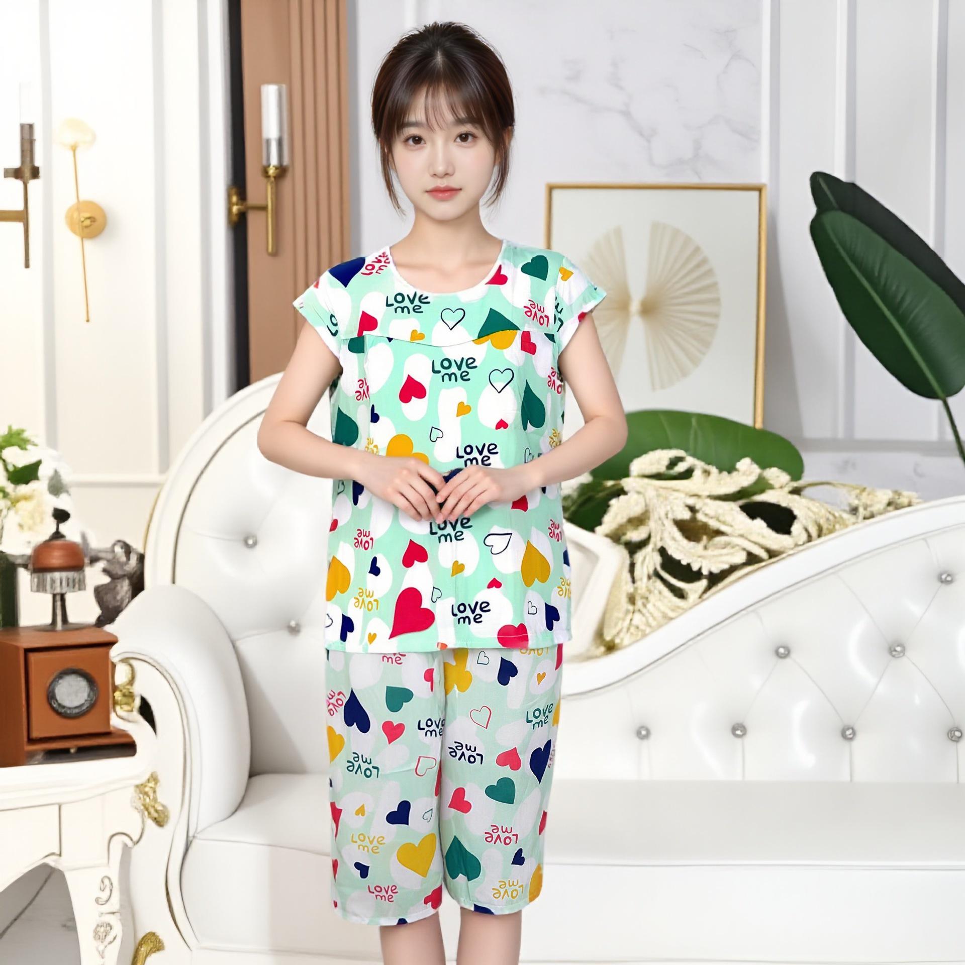 

Mom s Summer Cotton Pajamas: Women s Rayon Short-Sleeve Two-Piece Set for Middle-Aged & Elderly (2023 Edition) 2XL
