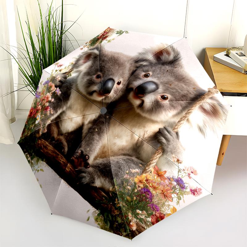 Fantasia koala rosa, ombrello pieghevole automatico, design portatile e pieghevole, 8 stecche, un regalo di Natale o di compleanno.