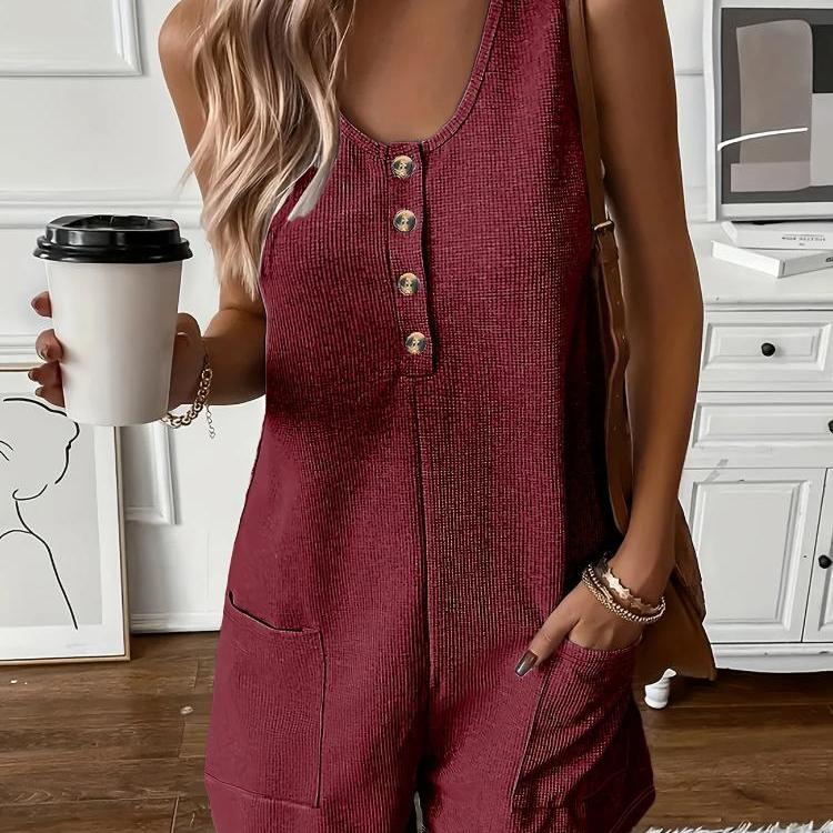 Button-down Front with Pocket Jumpsuit, Summer Casual Solid-color Sleeveless Jumpsuit