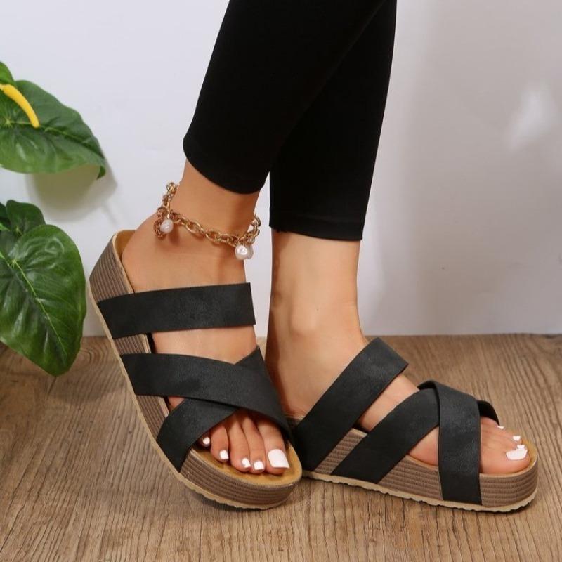 Fashion New Summer Women Sandals Sexy Open Toe Broad Band Crossover Slip-On Thick Platform Shoes Casual Flat Slippers Platform Sandals