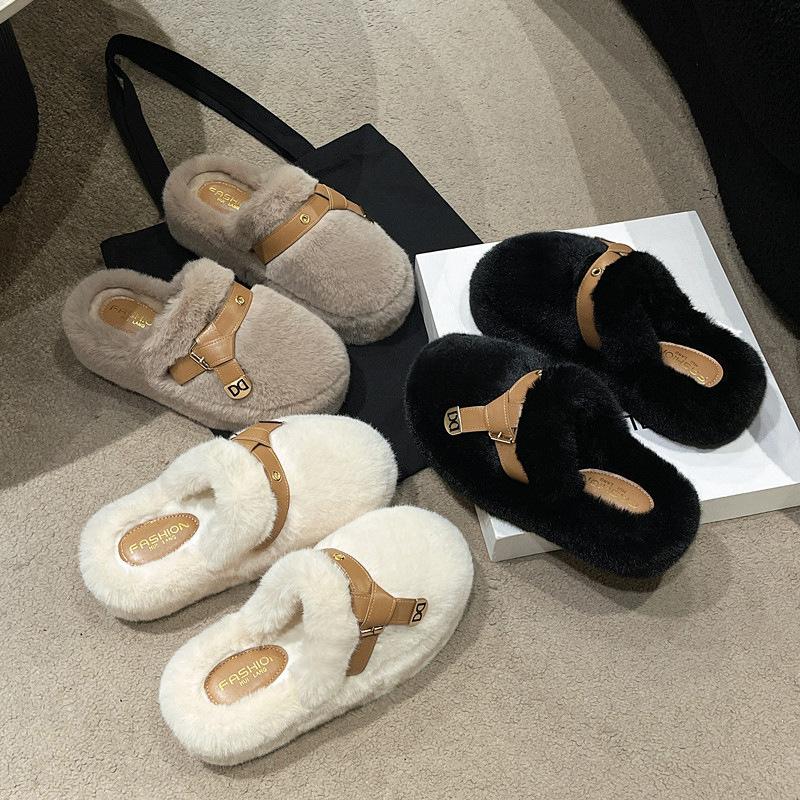 2025 Fall/Winter New Platform Toe Wool Slippers Women's Outer Belt Buckle Plus Size 35-42 Home Cotton Slippers