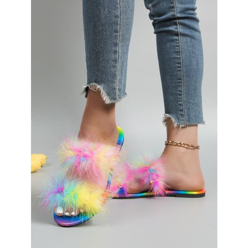 Neuer Sommerlicher Feenstil Bunte Fellpantoffeln Damen Flache Sohle Passend für Draußen zu Tragen Flip Flops Große Größe