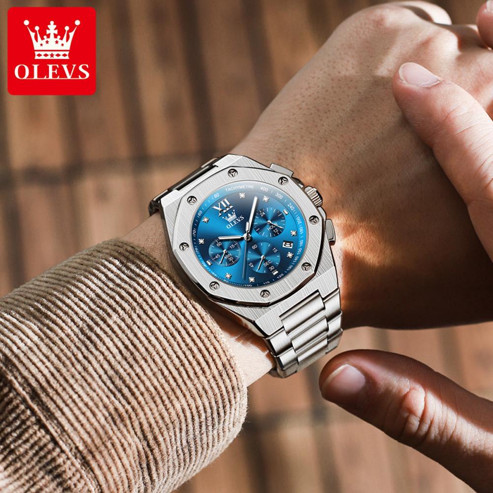 OLEVS 3626 Quartz Watch For Men Multi-functional Dial 24-hour Moon Phase Stainless Steel Strap Luminous Waterproof Watch