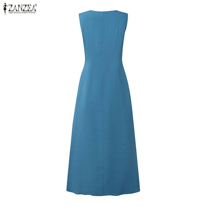 ZANZEA Γυναικείο μονόχρωμο αμάνικο φόρεμα casual με στρογγυλή λαιμόκοψη