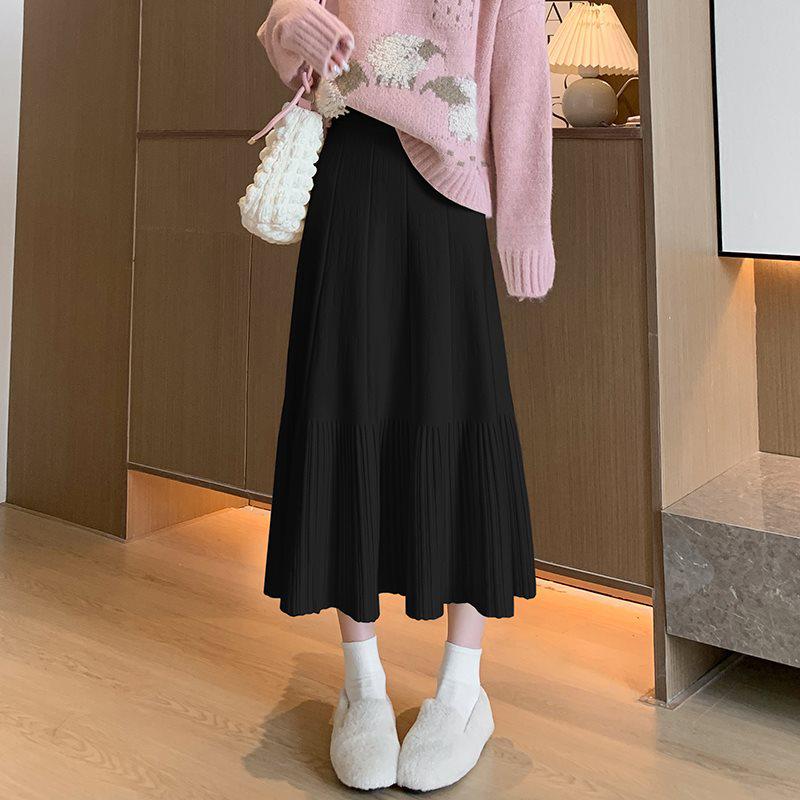 2025 New Women's High Waist Knitted A-line Pleated Midi Skirt for Autumn/Winter