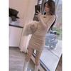 French Sexy Spicy Girl Hollow-out Half-high Neck Long-sleeve Dress, Women's Spring New Slimming Pencil Short Skirt