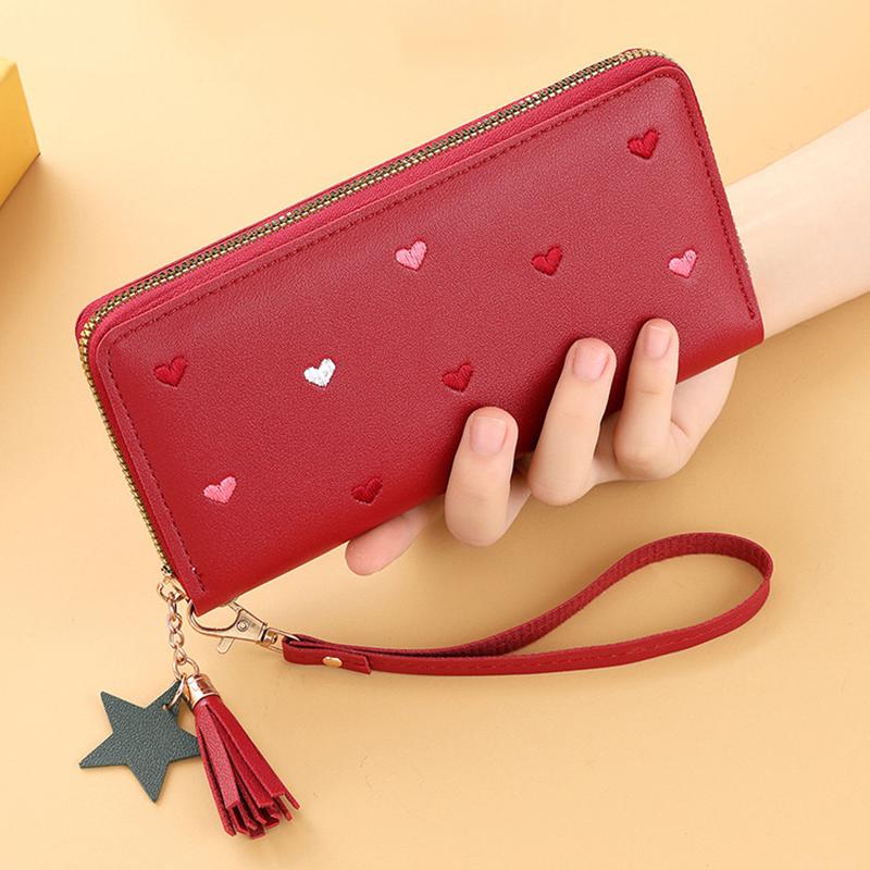 New Long Women Wallet With Heart-Shaped Korean Style Tassel Embroidery Card Holder For Women