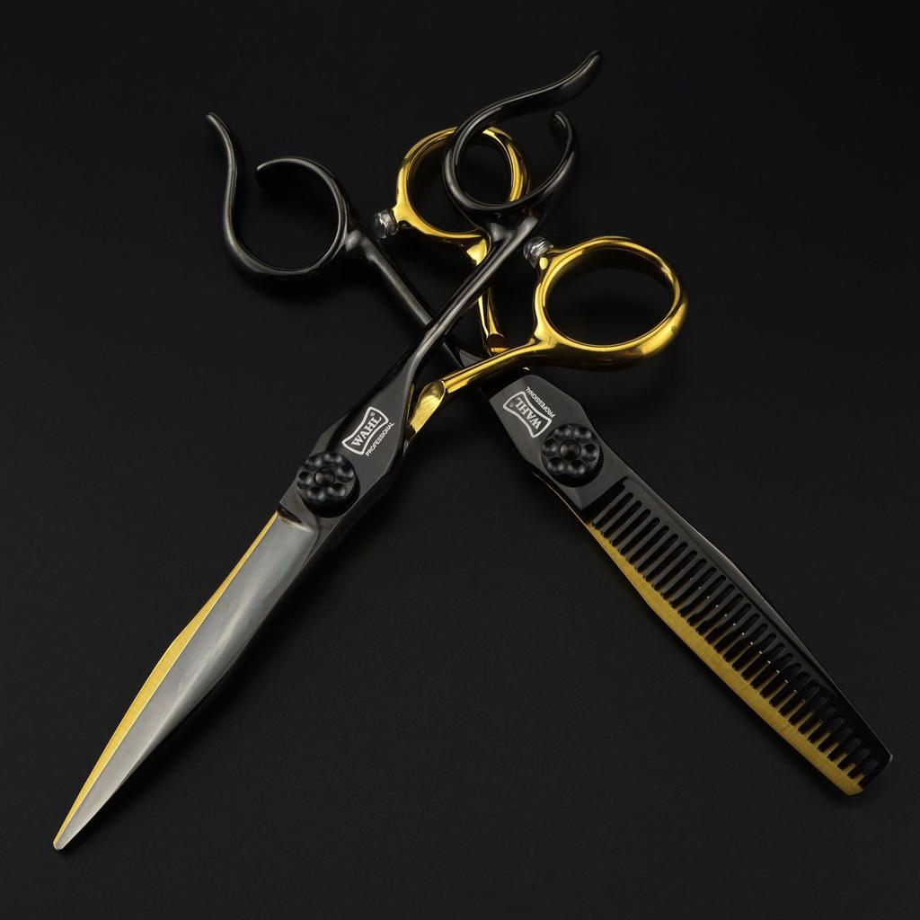 6.0 Inch Black And Gold Notched Handle, Hair Scissors, Hair Scissors, Flat Scissors, Bangs Scissors, Tooth Scissors