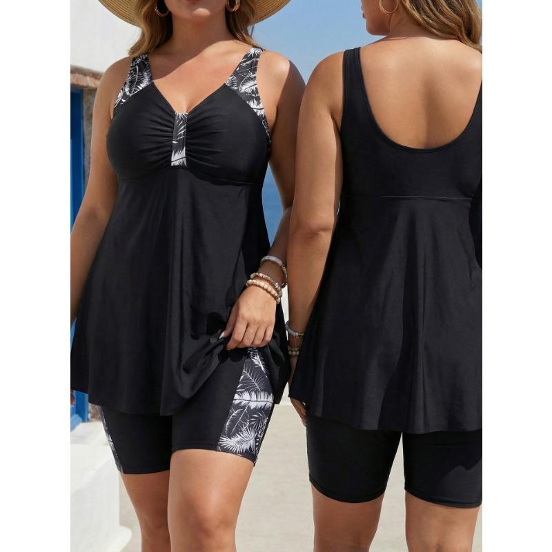Dames Grote Maat Losse Tankini Zwempak Zwart Bladprint 6x