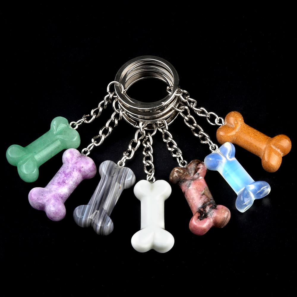 1Pc Reiki Healing Natural Stone Keychain Key Finder Bone Shape Crystal Gemstone Pendant Key Chain for Decor Phones, Bag, Halloween Gifts 20×34 Mm
