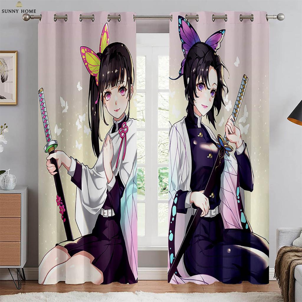 Hot-Blooded Anime Cartoon Style Print Print Window Curtains Black Silk Light Blocking Window Curtains Bedroom Space Living Space Study Kitchen