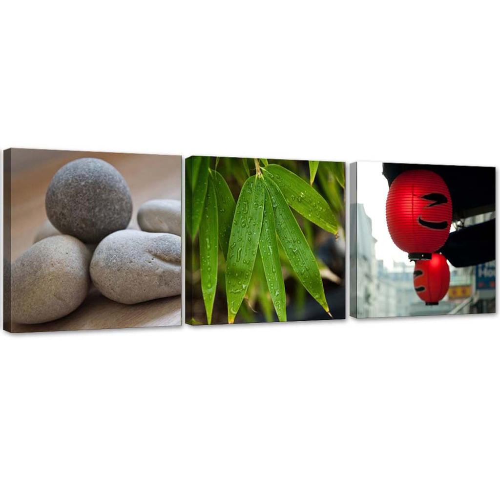 Set of Three Pictures Canvas Print Stones Leaves