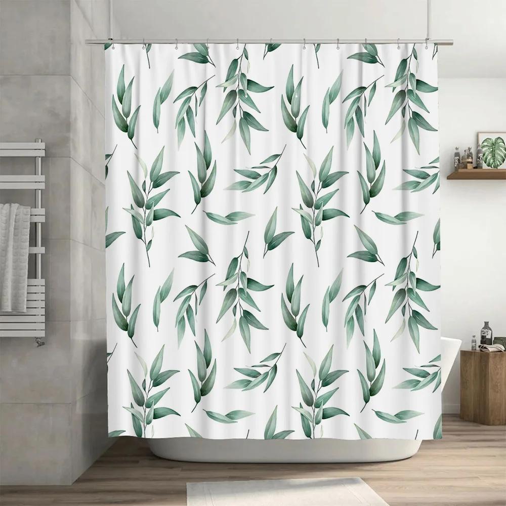 Watercolor Green Leaves Shower Curtain Waterproof Bath Rug Decor Modern Home Decoration 3D Printed Polyester Fabric White Green