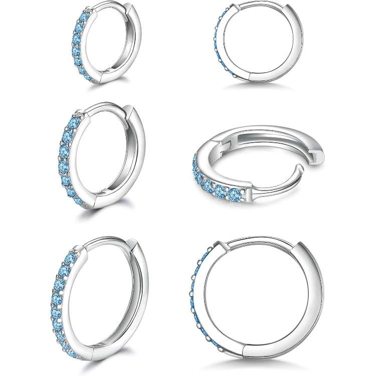 3 Pairs 925 Sterling Silver Small Hoop Earrings for Women Men | Cubic Zirconia, 14K White Gold Plated Huggie Hoop Earrings, Hypoallergenic