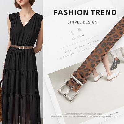 Fashionable and Versatile Leopard Leather Pattern Women's Belt Korean Versatile Slim Fit Dress Jeans Thin Belt Trendy Women's Style
