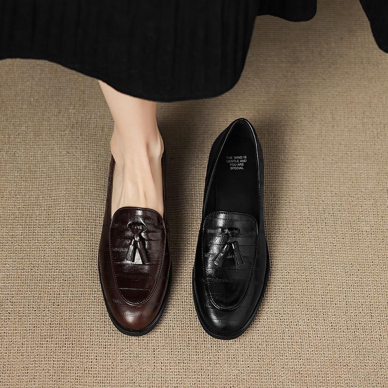 Fashion Women's new leather plaid cowhide round toe flower tassel British style comfortable low heel loafers casual single shoes