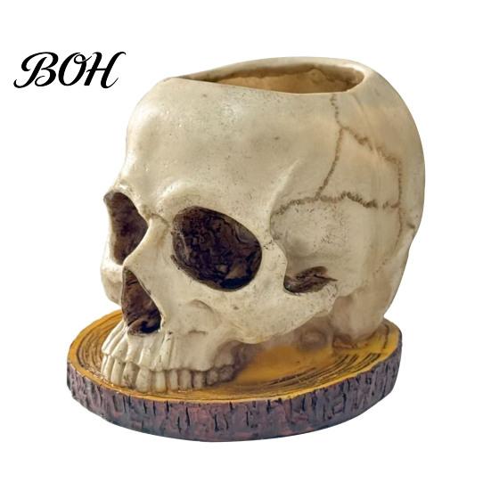 Skull Themed Art Halloween Retro Planter, Spooky Gothic Human Head Flower Pot, Indoor Potted Plant Pot Skeleton Candy Bowl Decoration for Tabletop