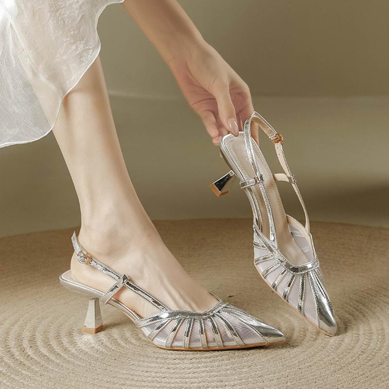 Fashion 2025 Air Mesh Breathable Heeled Sandals Women Hollow Out High Heels Summer Shoes Pointed-Toe Lace Stiletto Heels Sandalias Mujer