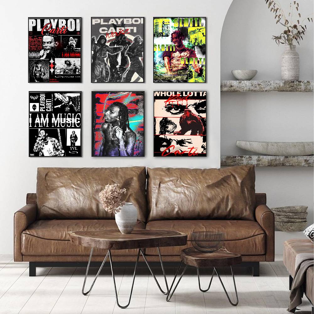 Rapper P-Playboi C-CartiS Poster Artistico Autoadesivo Sticker su Carta Bianca Fai da Te Decorazione Muro Stanza Bar Caffetteria