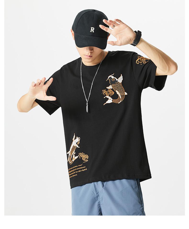 Pánské etnické bavlněné tričko s výšivkou kapra, krátký rukáv, volný střih, nadměrná velikost, styl národní vlny