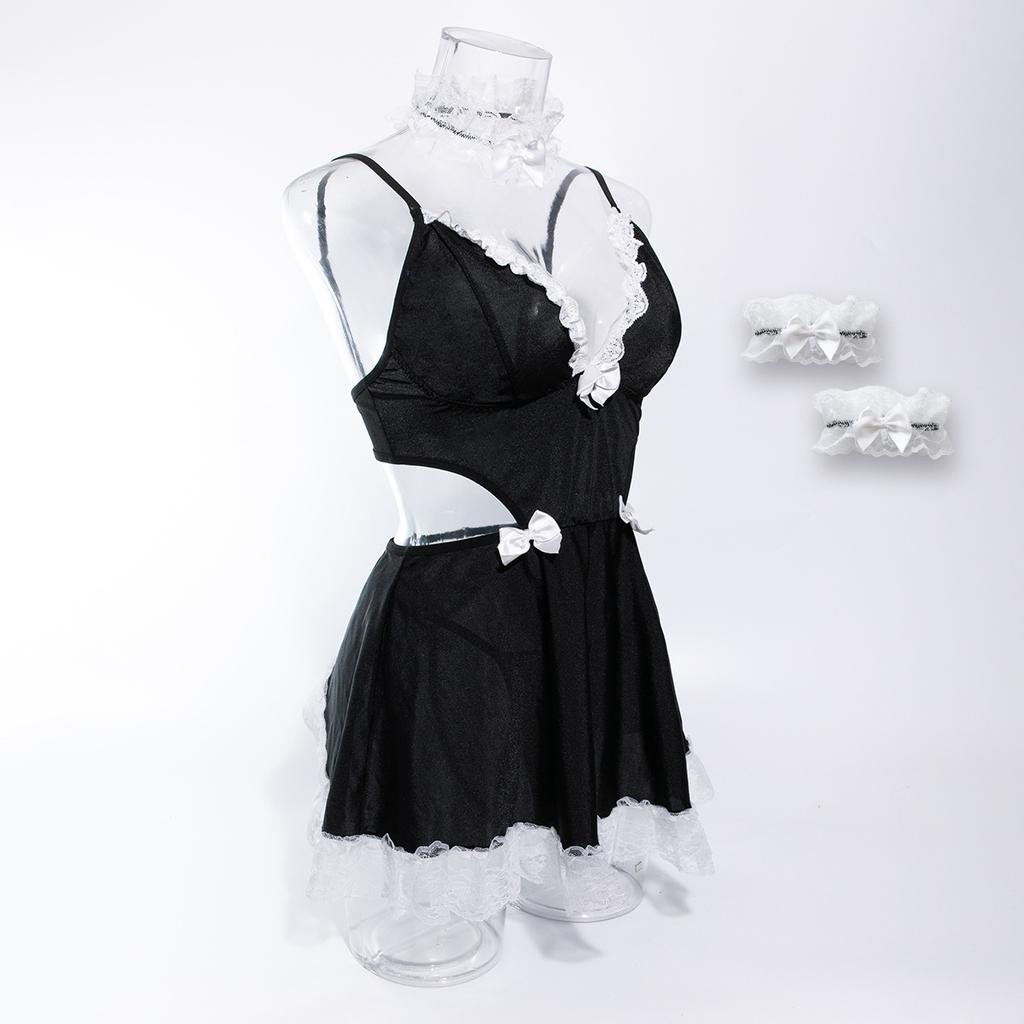 4-teiliges Set für Damen, Cosplay-Kostüm „Naughty Maid“, Rollenspiel-Kostüm, Unterkleid mit tiefem V-Ausschnitt und Tanga aus kontrastierender Spitze, sexy Dessous und Unterwäsche für Damen