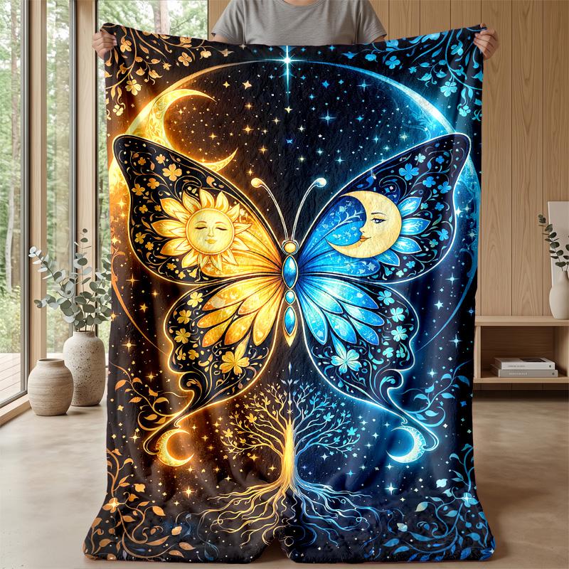 Sun Moon Butterfly Theme Blanket Lightweight Warm Flannel Blanket Decorative Throw Blanket for Home Decoration