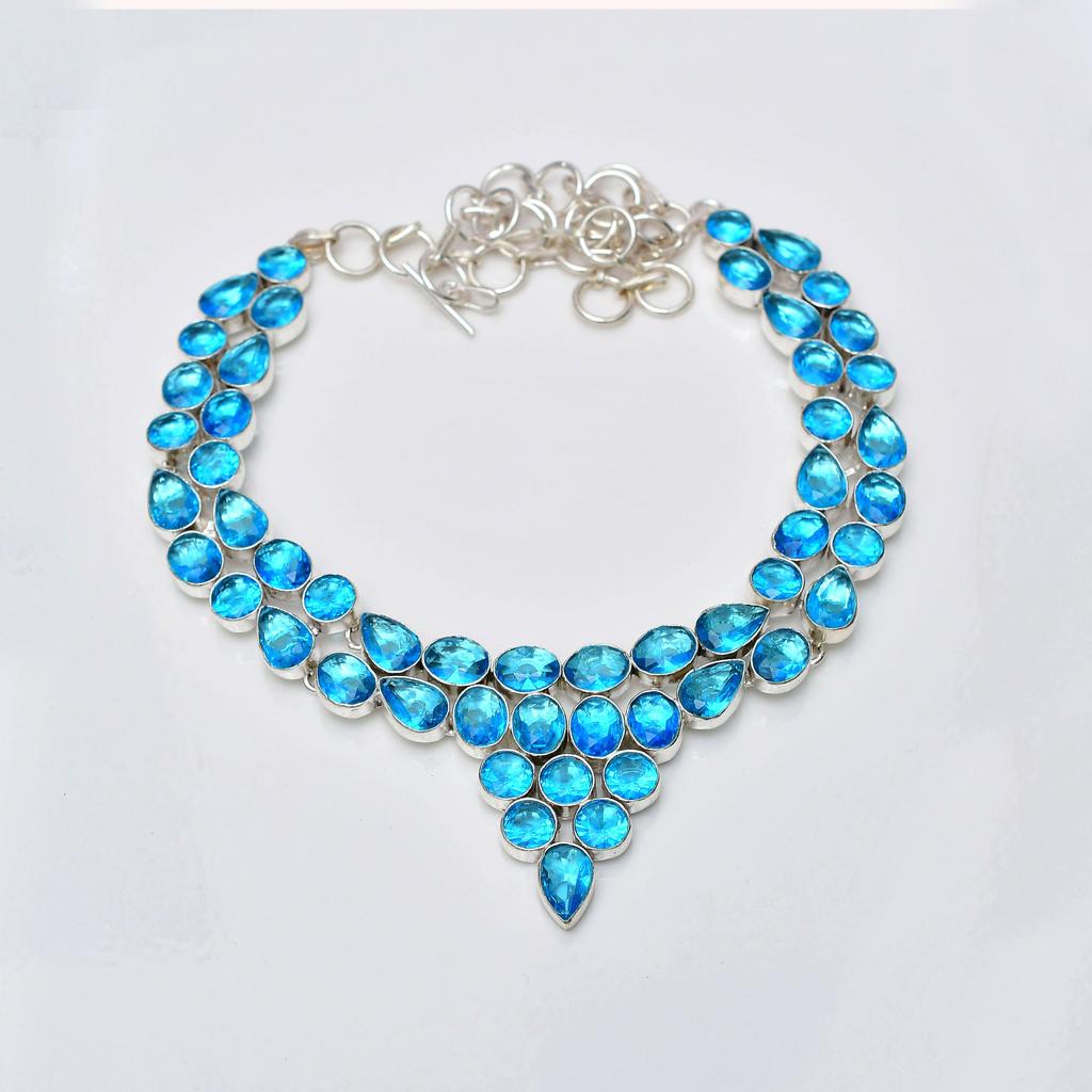 Blue Topaz Gemstone Pendant: 925 Sterling Silver Handmade Multi Shape Gemstone Necklace Jewelry