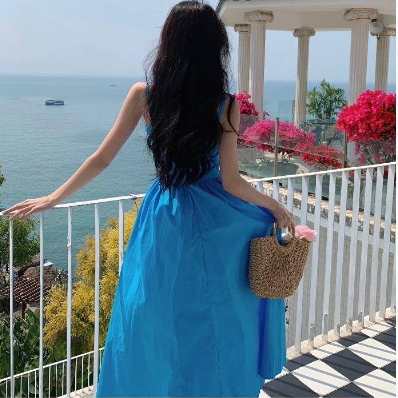 Yunnan Dali Travel Wear Dress Women Sanya Vacation Photo Beach Dress Hainan French Suspender Long Dress Fairy