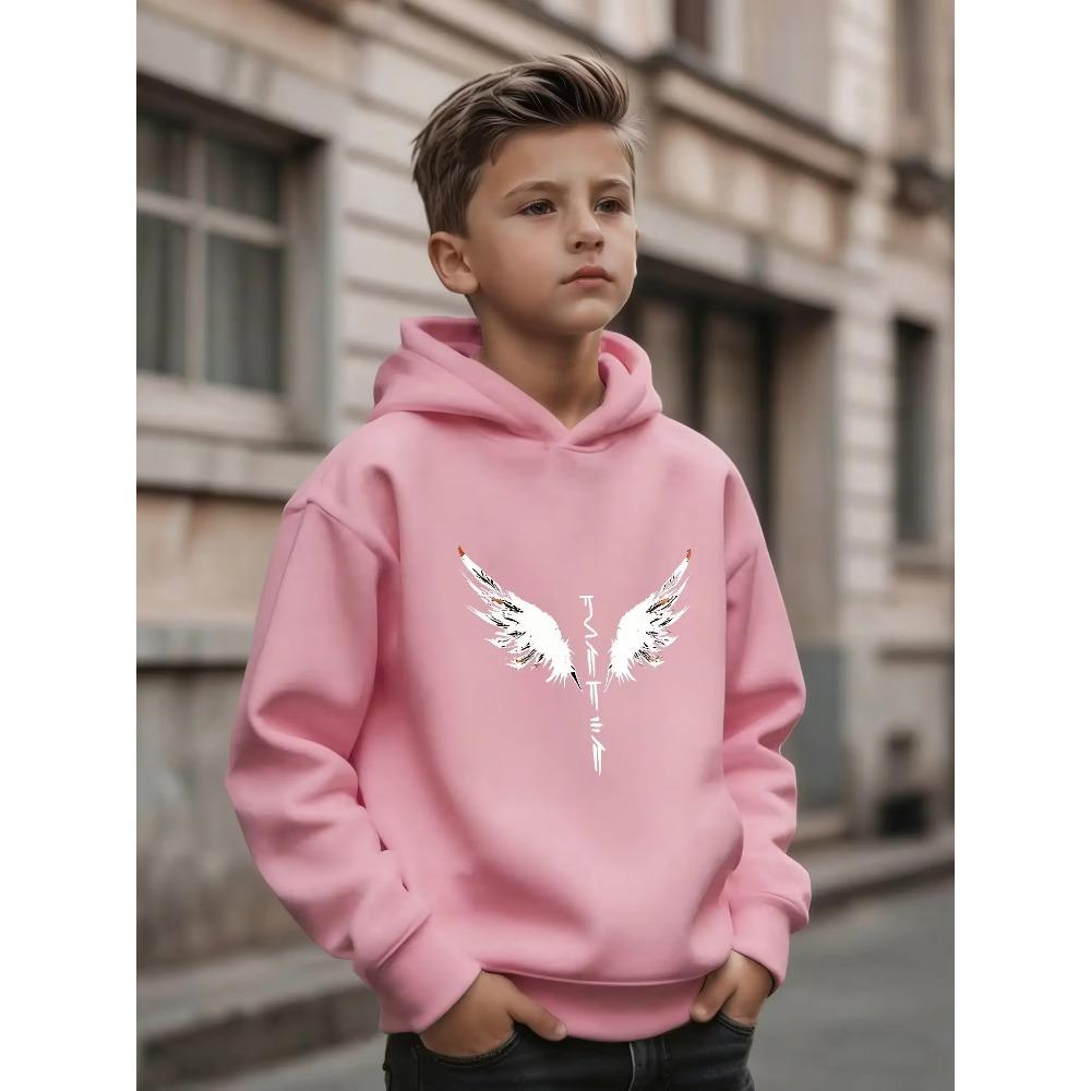Kids Hoodie Autumn Winter Thick Fleece Angel Wing Sword Graphic Print Warm Casual Streetwear Pullover Sweatshirt