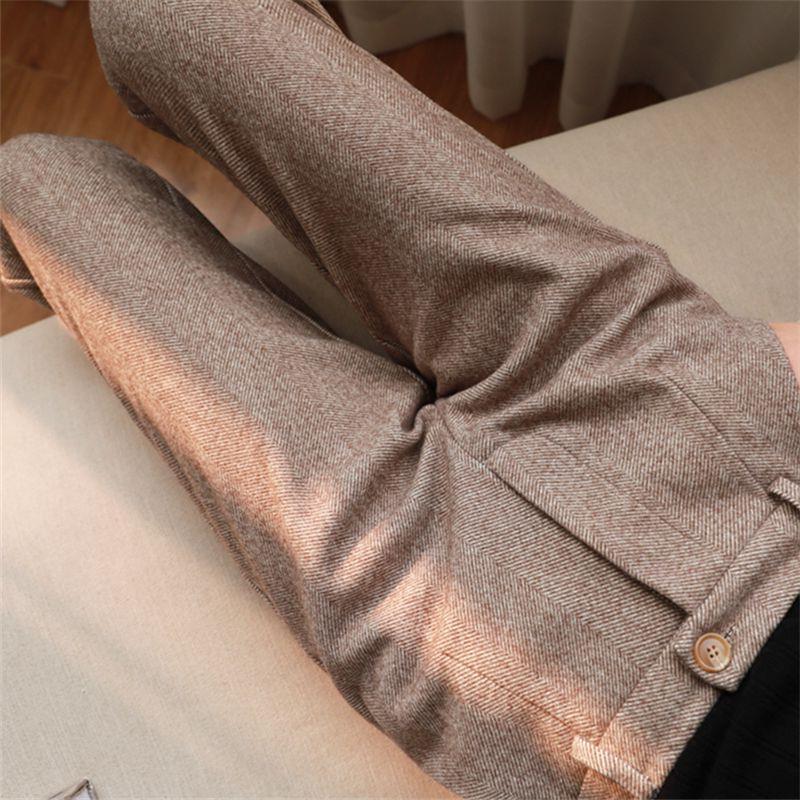 "Herringbone High-Waist Wool Trousers for Women - Slim Straight Fit, Perfect for Spring & Autumn"