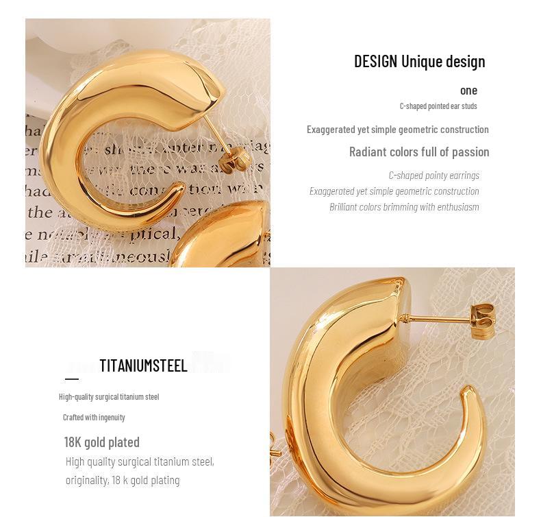 European Winter 18K Gold C-shaped Geometric Ear Cuff Earrings for Women, Titanium Steel Ear Jewelry