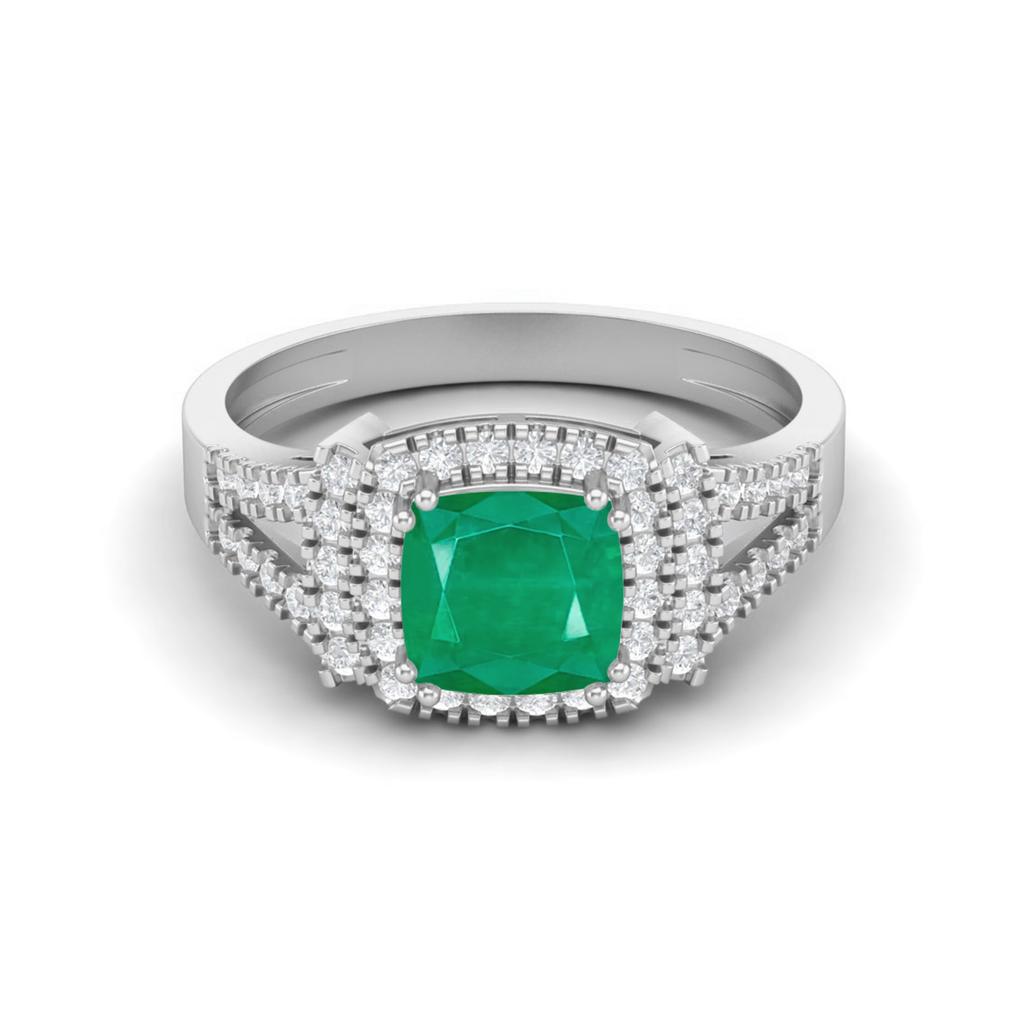 6MM Cushion Natural Emerald 925 Sterling Silver Solitaire with Accent Women Ring