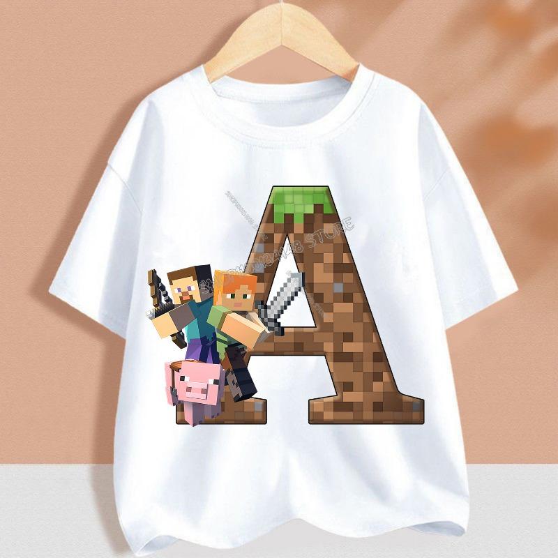 Hot Pixel Game T-shirt Children A-Z Letter White Clothes Cartoon Round Collar Clothing New Kids Short Sleeve Summer Tee Top Gift