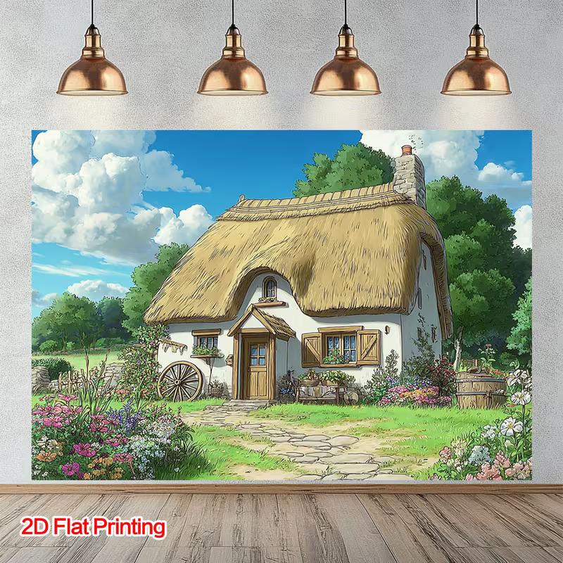 

2D Studio Ghibli Style Tapestry, Whimsical Country Cottage with Flower Garden Print Photo Banner 47.2x31.5inch/120*80cm