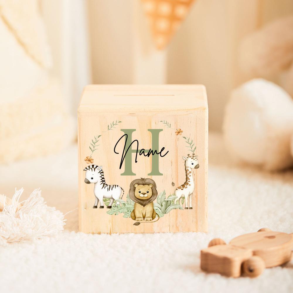 Personalized Money Box Initial with Name Kids Money Boxes Safari Animal Coin Collection Case Wooden Coin Bank Child Shower Gift