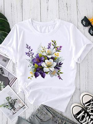 (Taille asiatique) T-shirts tendance à fleurs mignons à col rond et manches courtes Mode Vêtements décontractés féminins Haut pour femme T-shirt imprimé Tee graphique